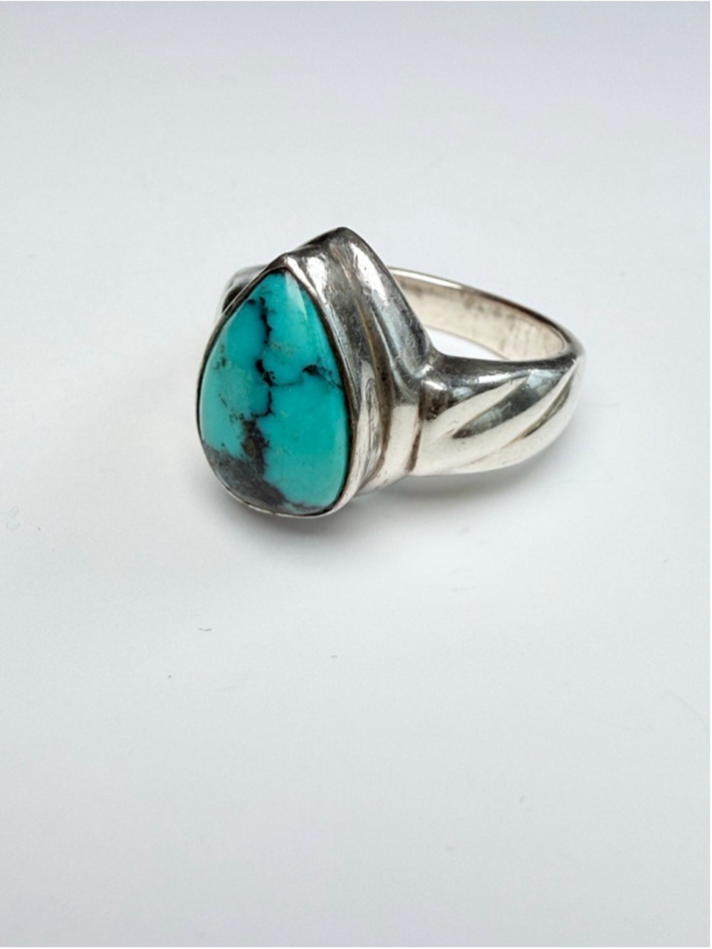 Southwestern Turquoise Tear Drop 925 Sterling Silver Cable Vintage Ring - Picture 6 of 10